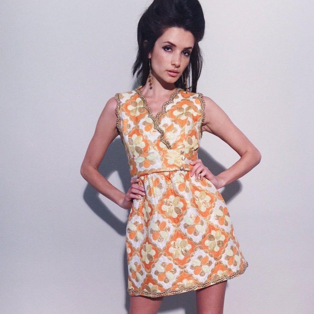 '60s-70s VINTAGE Oscar de la Renta Metallic Brocade Sleeveless Mini Dress | XS